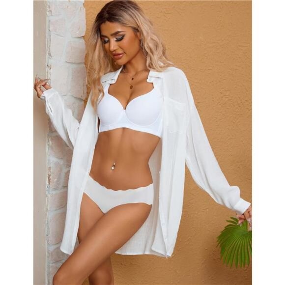 Swimsuit Coverup for Women Long Sleeve Bathing Suit Cover Up Swimwear ButtonDown - Picture 4 of 7